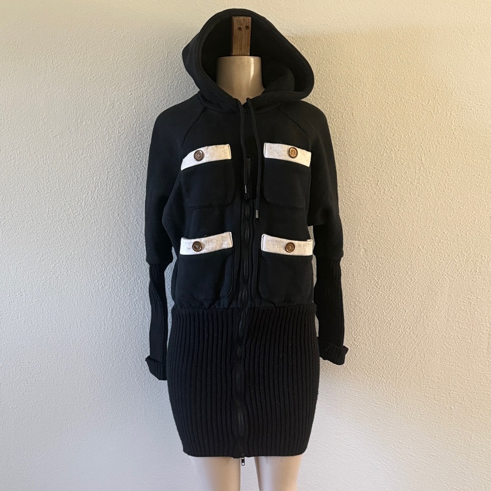 Moschino CoutureBlack Hooded Knit Zip-Front Dress with Contrast Pockets M